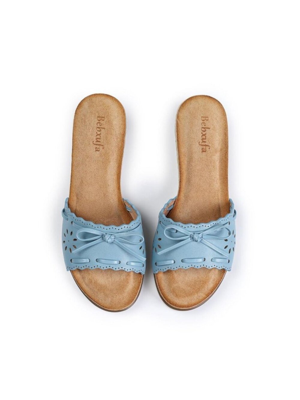 Light Blue Laser Cut Bow Slide Wedge Sandals Open Toe Slip-On Mule